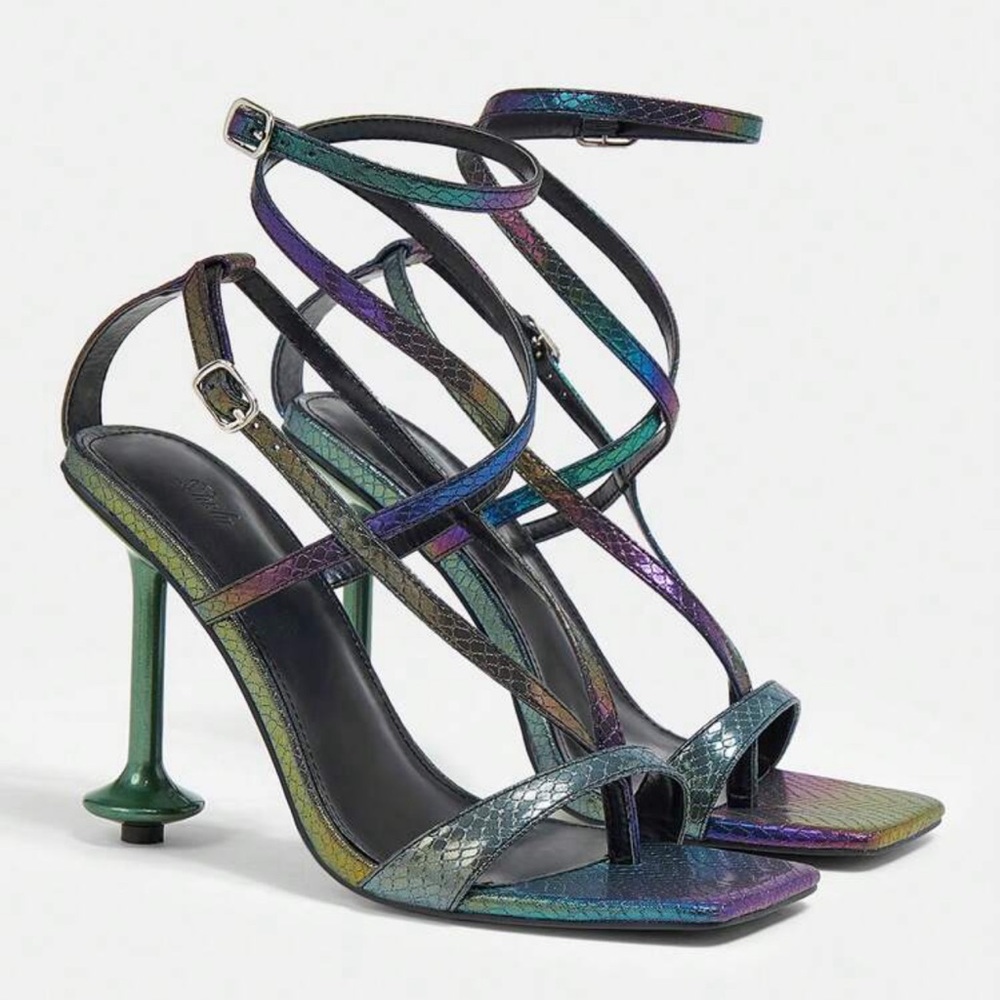 SHEIN ICON Women Snakeskin Embossed Sculptural Heeled Sandals